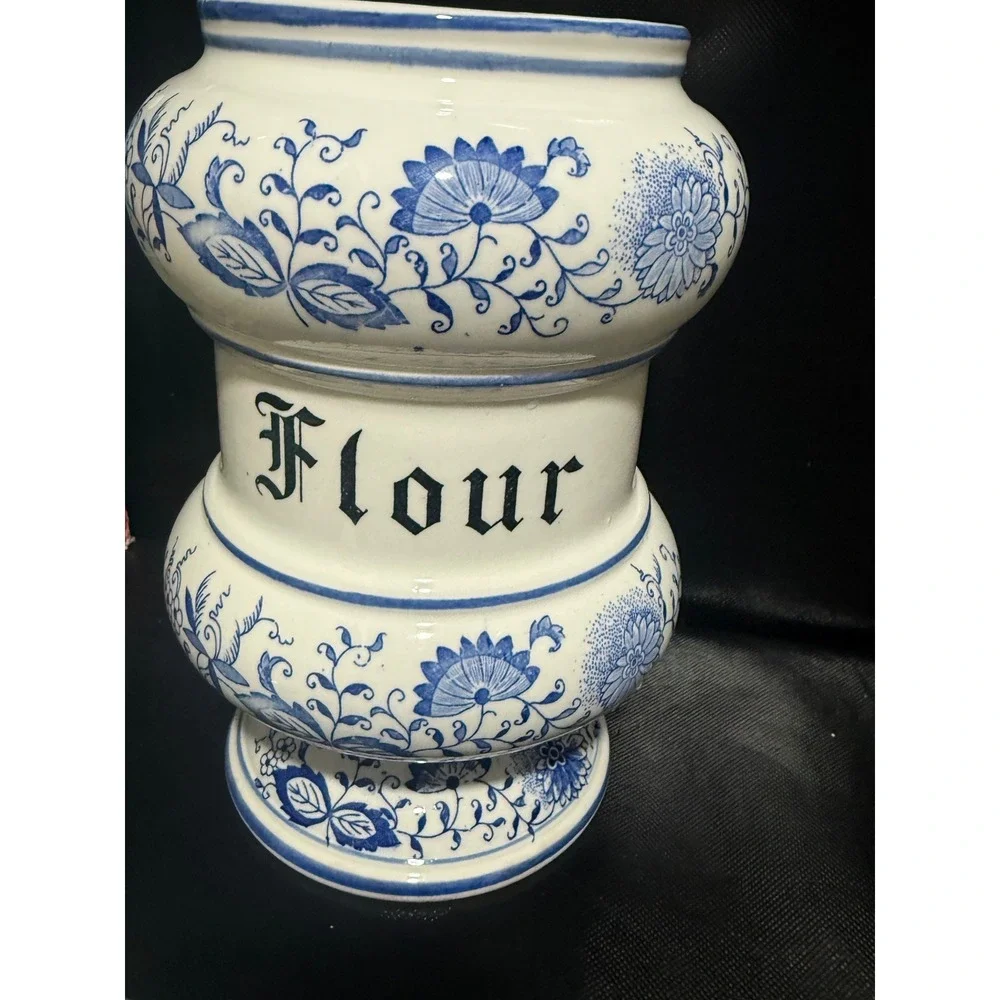 Vintage Blue Onion Ceramic Flour Canister White Blue Floral Farmhouse  Jar